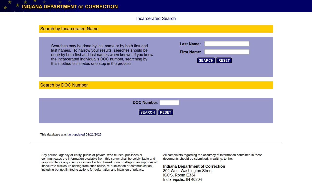 Indiana DOC offender photo search for Grant County records